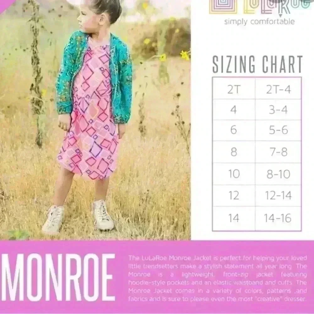 New Lularoe Girls Monroe Jacket sz 14 Blue Green Floral Flowers Zipper Pockets